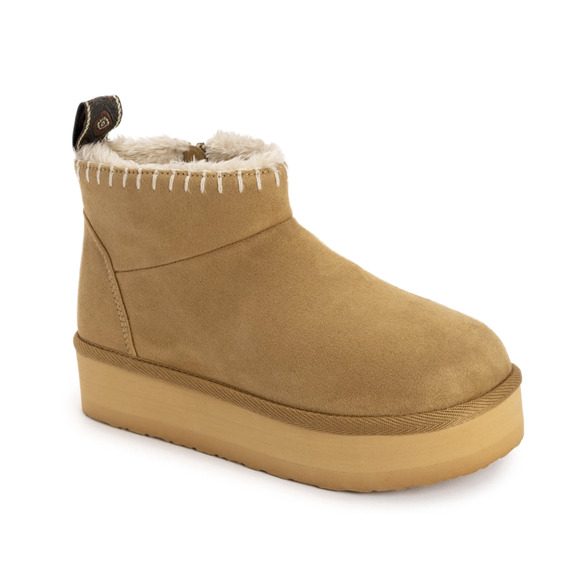MUK LUKS Augie Mini Cozy Booties Womens Size 8 Tan Faux Suede Side-Zip Round Toe - Picture 1 of 6